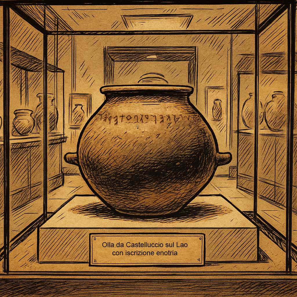 Ricostruzione grafica di un'olla da Castelluccio sul Lao con iscrizione enotria, conservata presso Antikensammlung, Staatliche Museen Zu Berlin (generata con intelligenza artificiale).